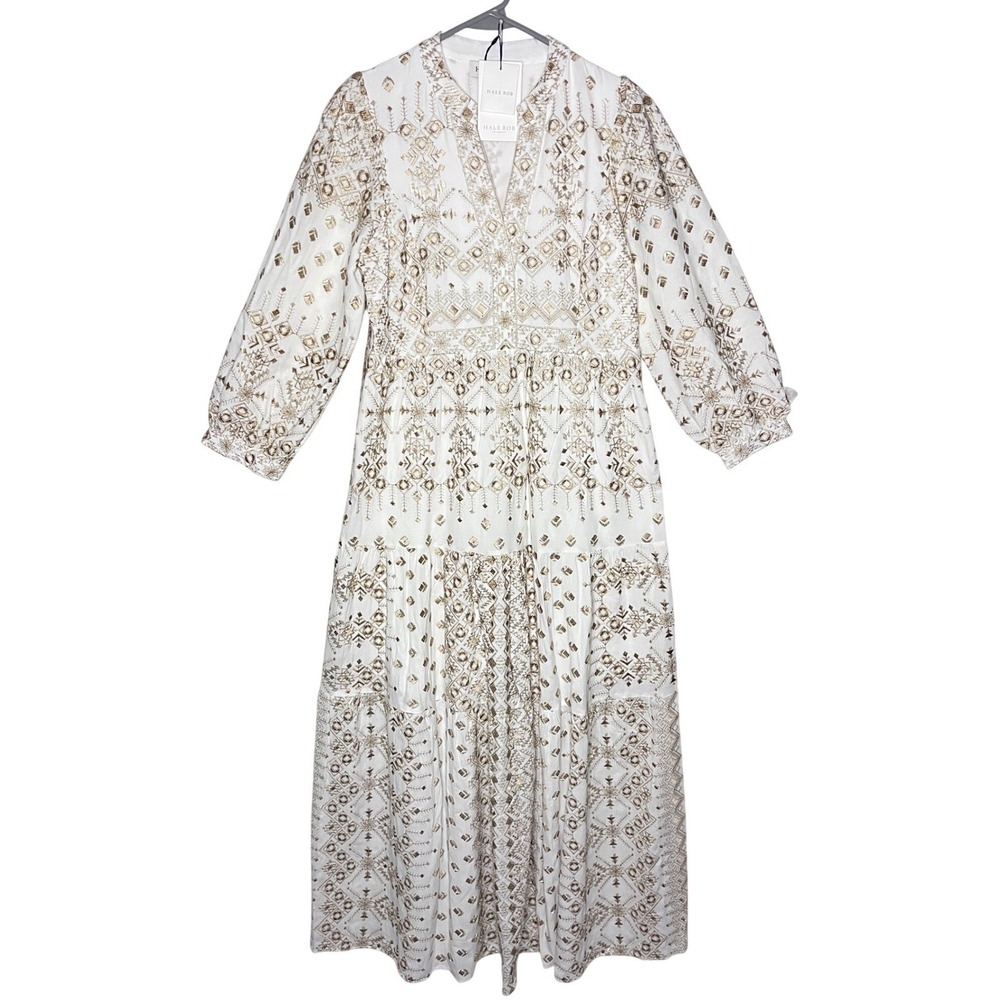 Hale Bob White Gold Embroidered Maxi Dress 2ZMK602M Boho Tiered Long Sleeve S